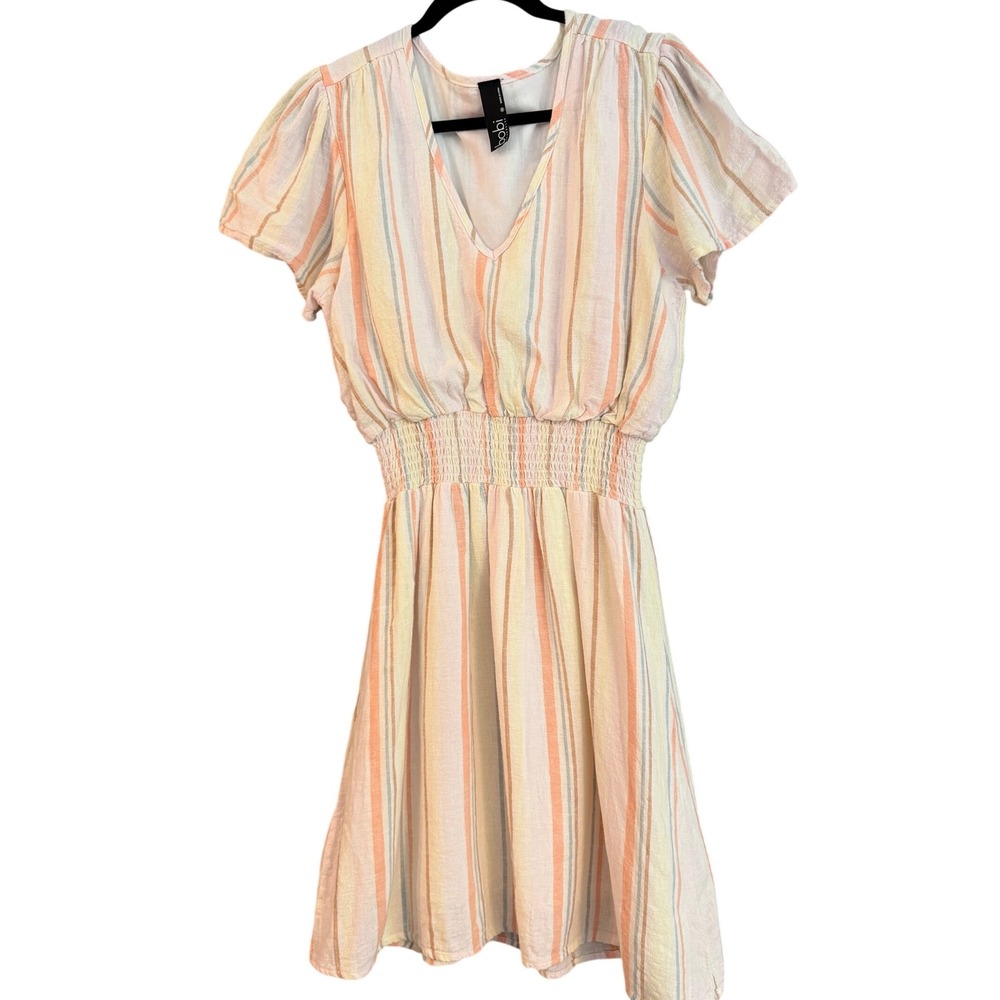 Bobi Dress Womens M Multi Color Excellent linen blend Smocked Waist V-Neck
